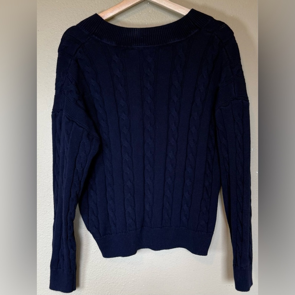 GAP Navy Blue 100% Cotton Cable-Knit V-Neck Sweater Size Large - Picture 4 of 6